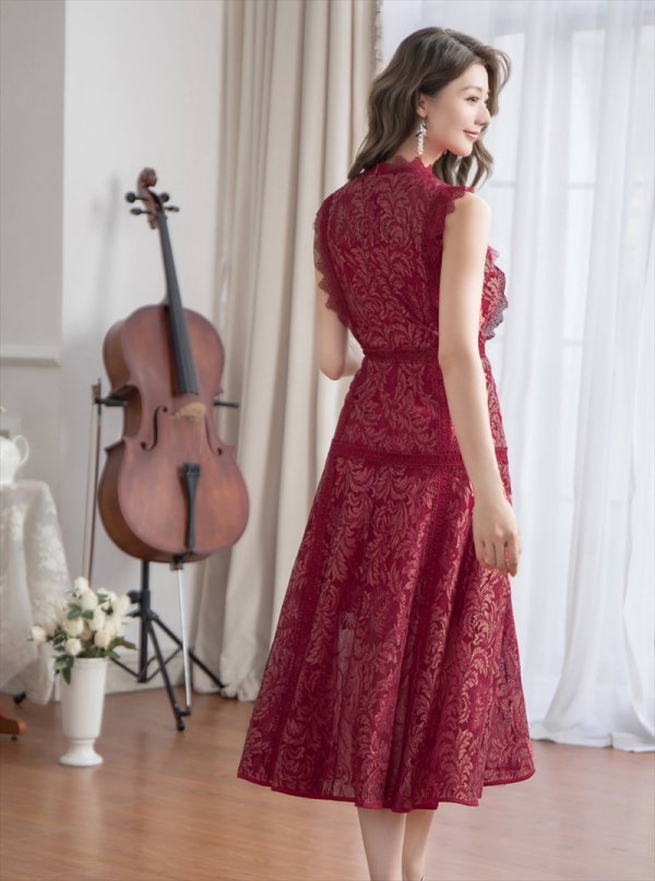 画像17: [送料無料][ERUKEI]ベージュ・ホワイト・ネイビー・ワインレッド・ピンク・総レース・プチハイネック・ノースリーブ・Aライン・ミディアムドレス・ワンピース[即日発送][大きいサイズあり] (17)