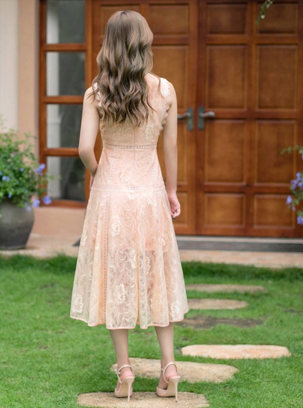 画像3: [送料無料][ERUKEI]ベージュ・ホワイト・ネイビー・ワインレッド・ピンク・総レース・プチハイネック・ノースリーブ・Aライン・ミディアムドレス・ワンピース[即日発送][大きいサイズあり] (3)