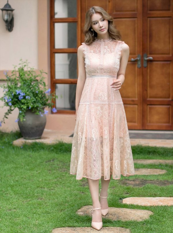 画像5: [送料無料][ERUKEI]ベージュ・ホワイト・ネイビー・ワインレッド・ピンク・総レース・プチハイネック・ノースリーブ・Aライン・ミディアムドレス・ワンピース[即日発送][大きいサイズあり] (5)