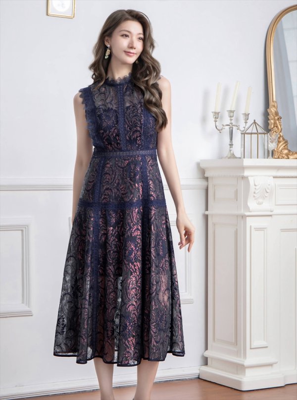 画像2: [送料無料][ERUKEI]ネイビー・ワインレッド・ピンク・ベージュ・ホワイト・総レース・プチハイネック・ノースリーブ・Aライン・ミディアムドレス・ワンピース[即日発送][大きいサイズあり] (2)