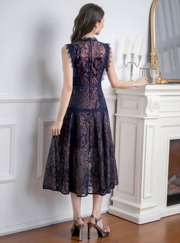 画像12: [送料無料][ERUKEI]ベージュ・ホワイト・ネイビー・ワインレッド・ピンク・総レース・プチハイネック・ノースリーブ・Aライン・ミディアムドレス・ワンピース[即日発送][大きいサイズあり] (12)