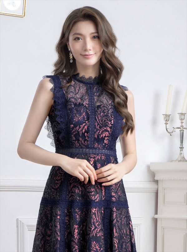 画像13: [送料無料][ERUKEI]ベージュ・ホワイト・ネイビー・ワインレッド・ピンク・総レース・プチハイネック・ノースリーブ・Aライン・ミディアムドレス・ワンピース[即日発送][大きいサイズあり] (13)