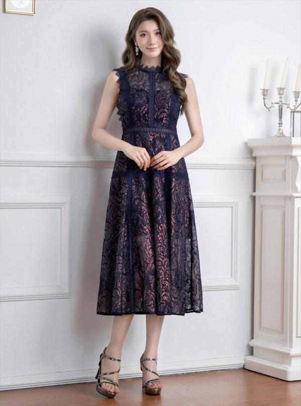 画像5: [送料無料][ERUKEI]ネイビー・ワインレッド・ピンク・ベージュ・ホワイト・総レース・プチハイネック・ノースリーブ・Aライン・ミディアムドレス・ワンピース[即日発送][大きいサイズあり] (5)