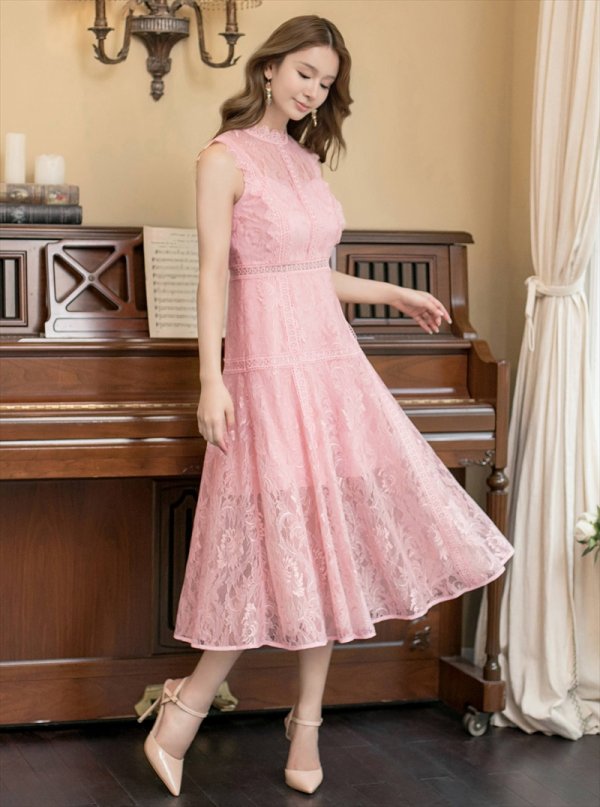 画像2: [送料無料][ERUKEI]ピンク・ベージュ・ホワイト・ネイビー・ワインレッド・総レース・プチハイネック・ノースリーブ・Aライン・ミディアムドレス・ワンピース[即日発送][大きいサイズあり] (2)