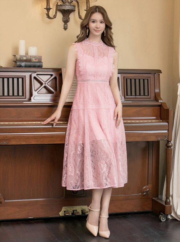 画像5: [送料無料][ERUKEI]ピンク・ベージュ・ホワイト・ネイビー・ワインレッド・総レース・プチハイネック・ノースリーブ・Aライン・ミディアムドレス・ワンピース[即日発送][大きいサイズあり] (5)