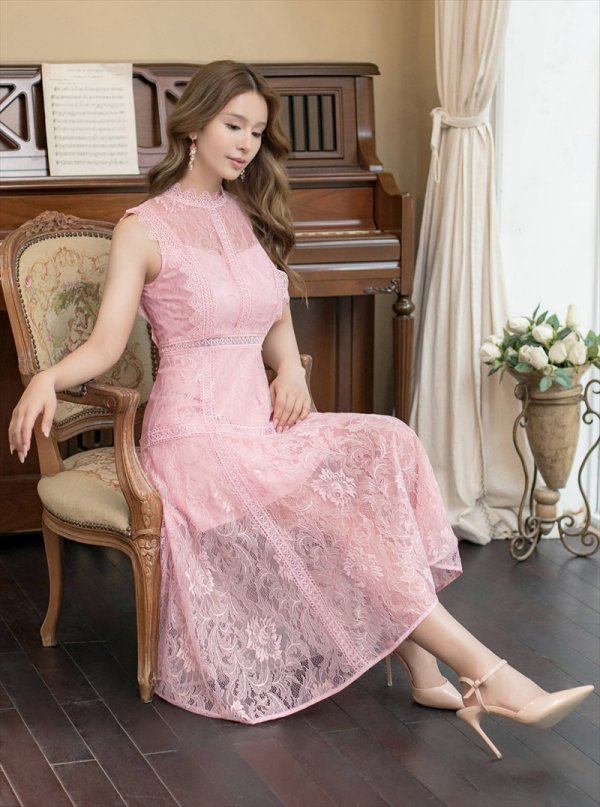 画像20: [送料無料][ERUKEI]ベージュ・ホワイト・ネイビー・ワインレッド・ピンク・総レース・プチハイネック・ノースリーブ・Aライン・ミディアムドレス・ワンピース[即日発送][大きいサイズあり] (20)