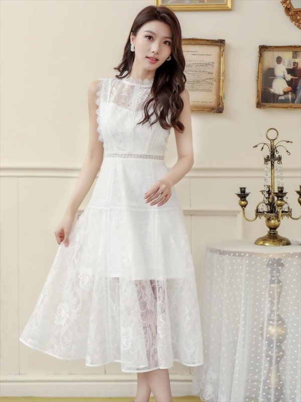 画像8: [送料無料][ERUKEI]ベージュ・ホワイト・ネイビー・ワインレッド・ピンク・総レース・プチハイネック・ノースリーブ・Aライン・ミディアムドレス・ワンピース[即日発送][大きいサイズあり] (8)