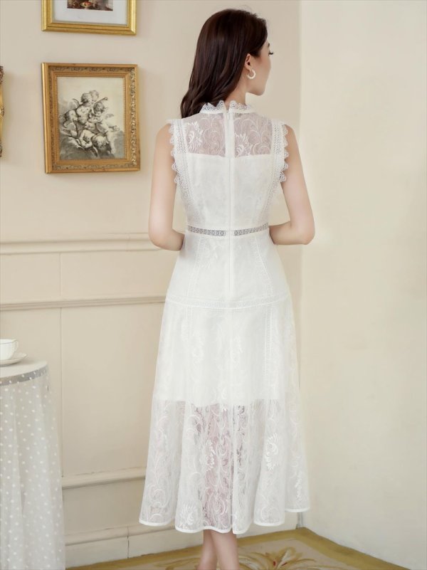 画像9: [送料無料][ERUKEI]ベージュ・ホワイト・ネイビー・ワインレッド・ピンク・総レース・プチハイネック・ノースリーブ・Aライン・ミディアムドレス・ワンピース[即日発送][大きいサイズあり] (9)