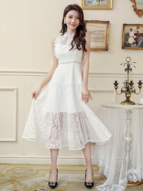 画像6: [送料無料][ERUKEI]ホワイト・ネイビー・ワインレッド・ピンク・ベージュ・総レース・プチハイネック・ノースリーブ・Aライン・ミディアムドレス・ワンピース[即日発送][大きいサイズあり] (6)