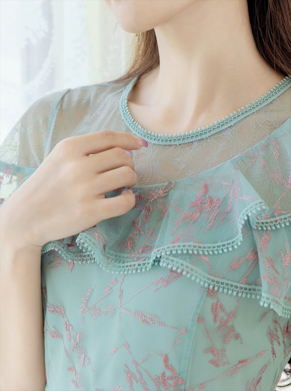 画像6: [送料無料][ERUKEI]グリーン・パープル・ケープ風・フリルスリーブ・ Aライン・ラメ・ミディアムドレス・ワンピース[即日発送][大きいサイズあり] (6)