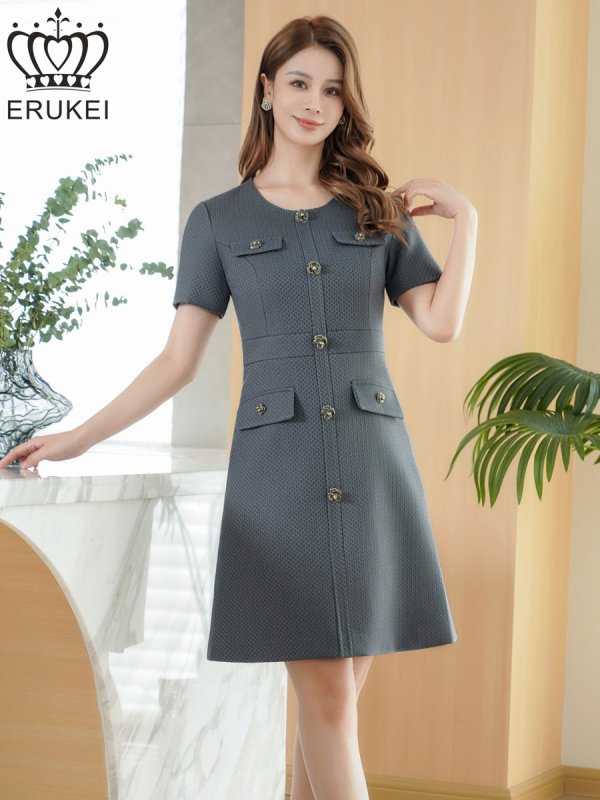 画像2: [送料無料][ERUKEI]グレー・ワインレッド・ネイビー・ブラック・ピンク・ホワイト・ベージュ・半袖・Aライン・お花ボタン・ミニドレス・ワンピース[即日発送][大きいサイズあり] (2)