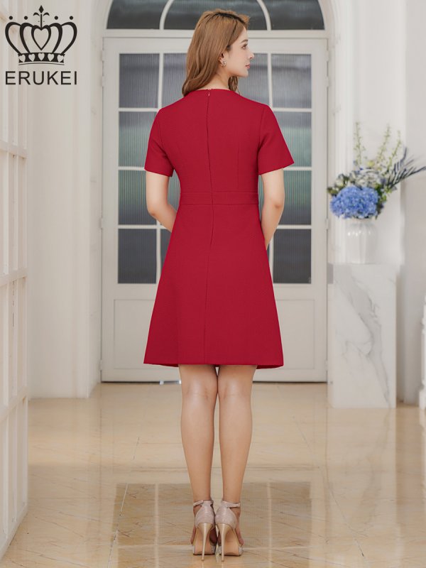 画像9: [送料無料][ERUKEI]ネイビー・ワインレッド・ブラック・ホワイト・ピンク・半袖・Aライン・お花ボタン・ミニドレス・ワンピース[即日発送][大きいサイズあり] (9)