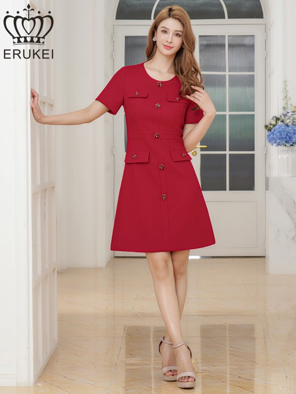 画像11: [送料無料][ERUKEI]ネイビー・ワインレッド・ブラック・ホワイト・ピンク・半袖・Aライン・お花ボタン・ミニドレス・ワンピース[即日発送][大きいサイズあり] (11)