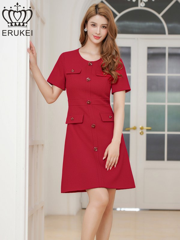 画像12: [送料無料][ERUKEI]ネイビー・ワインレッド・ブラック・ホワイト・ピンク・半袖・Aライン・お花ボタン・ミニドレス・ワンピース[即日発送][大きいサイズあり] (12)