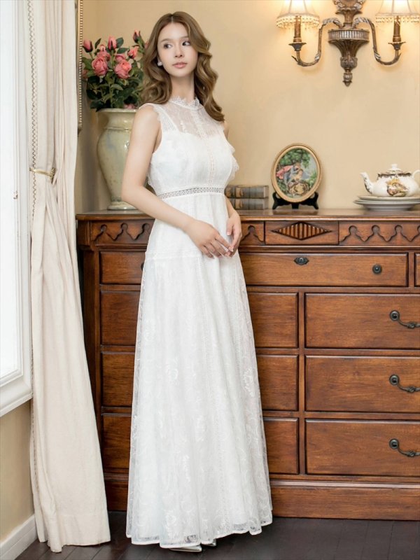 画像8: [送料無料][ERUKEI]ピンク・ホワイト・ネイビー・オーロラ・総レース・ノースリーブ・プチハイネック・プリンセス・Aライン・ロングドレス[即日発送][大きいサイズあり] (8)