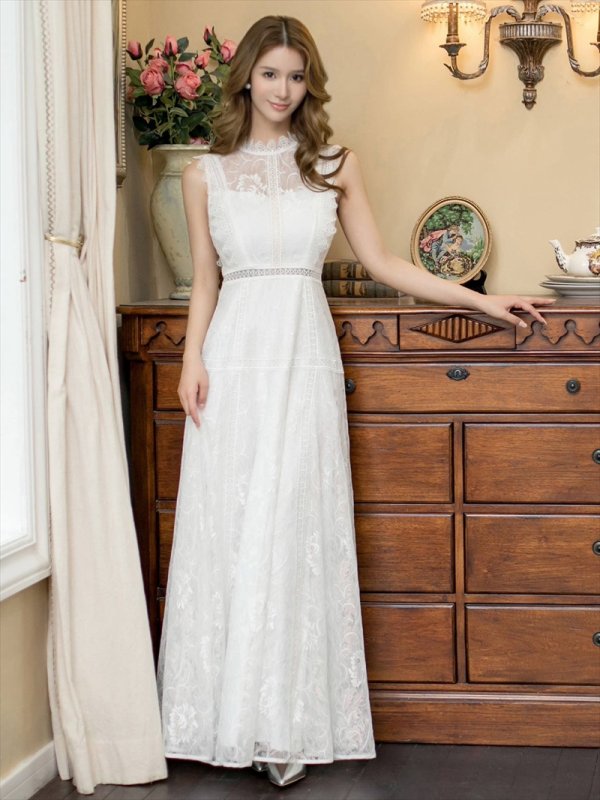 画像11: [送料無料][ERUKEI]ピンク・ホワイト・ネイビー・オーロラ・総レース・ノースリーブ・プチハイネック・プリンセス・Aライン・ロングドレス[即日発送][大きいサイズあり] (11)