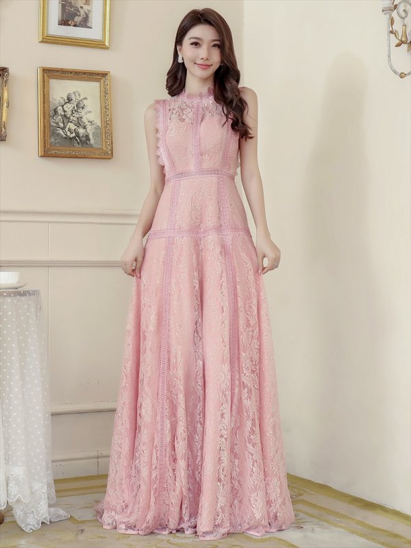 画像5: [送料無料][ERUKEI]ピンク・ホワイト・ネイビー・オーロラ・総レース・ノースリーブ・プチハイネック・プリンセス・Aライン・ロングドレス[即日発送][大きいサイズあり] (5)