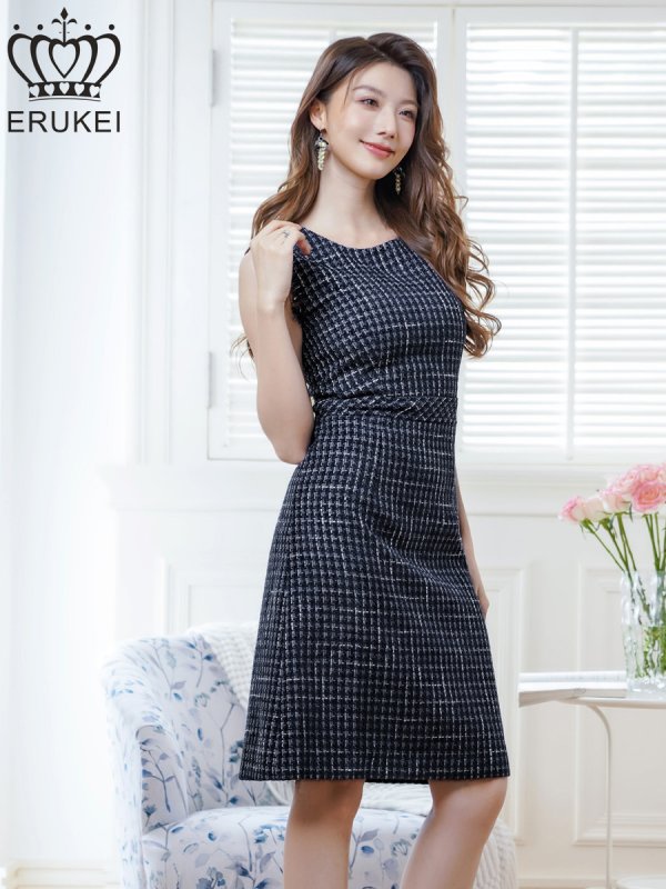 画像14: [送料無料][ERUKEI]レッド・ワインレッド・ブルー・ツイード・ノースリーブ・切り替え・Aライン・ミディアムドレス・ワンピース[即日発送][大きいサイズあり] (14)