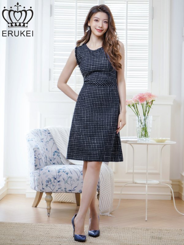 画像17: [送料無料][ERUKEI]レッド・ワインレッド・ブルー・ツイード・ノースリーブ・切り替え・Aライン・ミディアムドレス・ワンピース[即日発送][大きいサイズあり] (17)