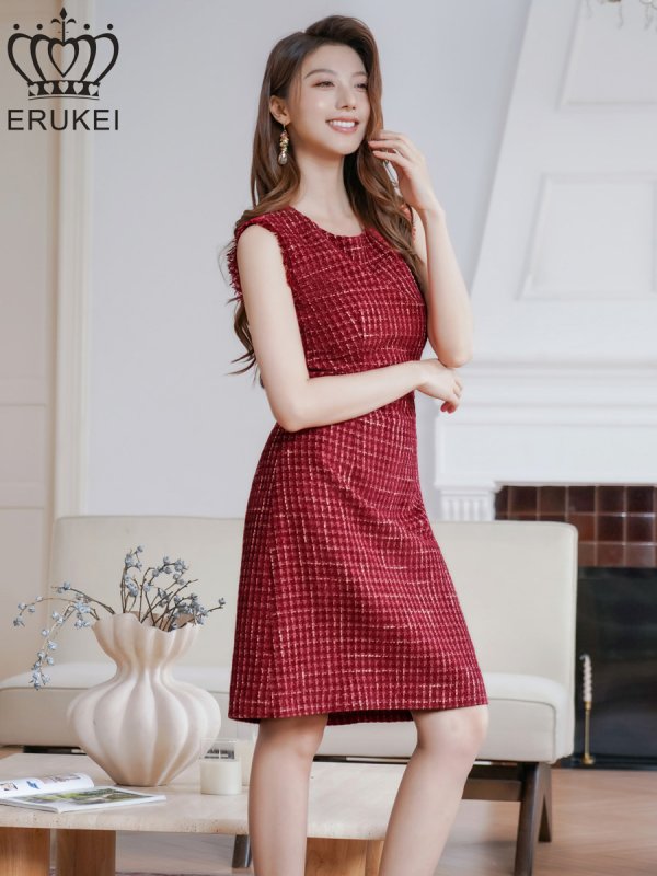 画像2: [送料無料][ERUKEI]レッド・ワインレッド・ブルー・ツイード・ノースリーブ・切り替え・Aライン・ミディアムドレス・ワンピース[即日発送][大きいサイズあり] (2)