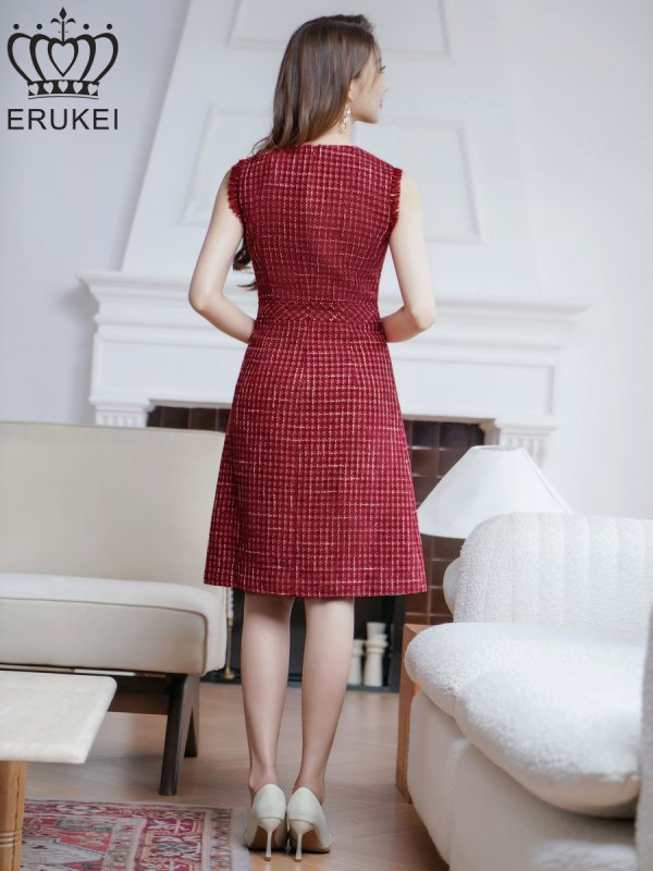 画像3: [送料無料][ERUKEI]レッド・ワインレッド・ブルー・ツイード・ノースリーブ・切り替え・Aライン・ミディアムドレス・ワンピース[即日発送][大きいサイズあり] (3)