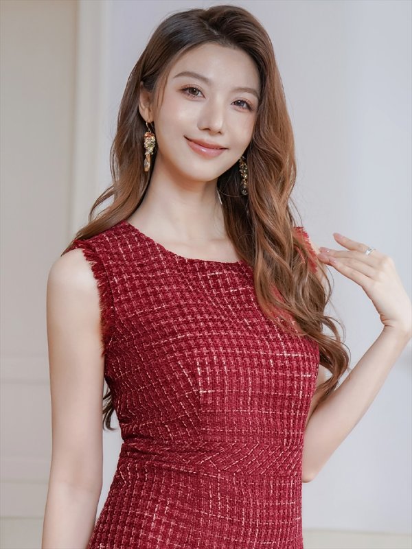 画像4: [送料無料][ERUKEI]レッド・ワインレッド・ブルー・ツイード・ノースリーブ・切り替え・Aライン・ミディアムドレス・ワンピース[即日発送][大きいサイズあり] (4)