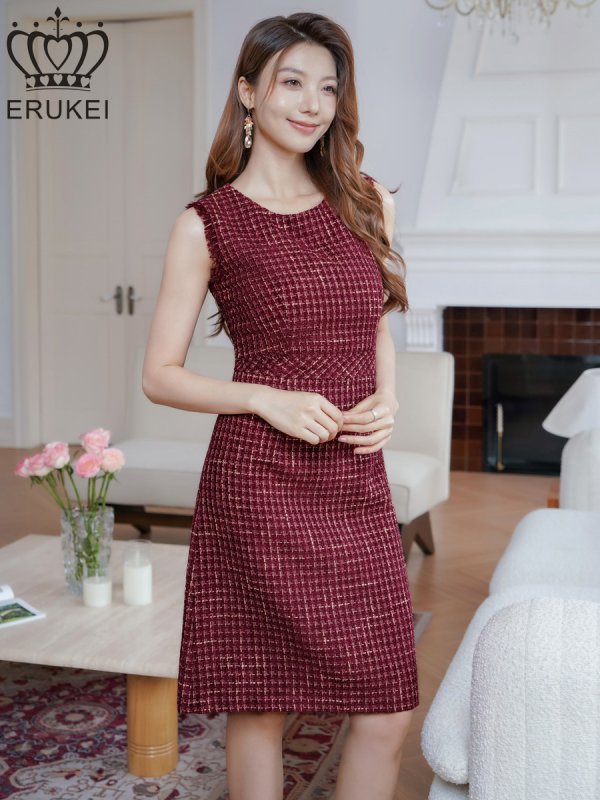 画像8: [送料無料][ERUKEI]レッド・ワインレッド・ブルー・ツイード・ノースリーブ・切り替え・Aライン・ミディアムドレス・ワンピース[即日発送][大きいサイズあり] (8)