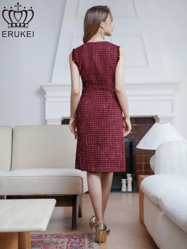 画像9: [送料無料][ERUKEI]レッド・ワインレッド・ブルー・ツイード・ノースリーブ・切り替え・Aライン・ミディアムドレス・ワンピース[即日発送][大きいサイズあり] (9)