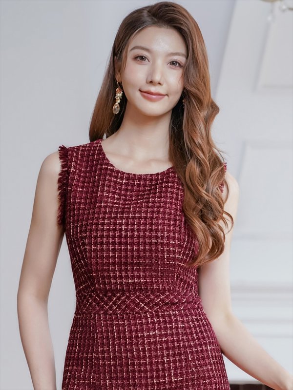 画像10: [送料無料][ERUKEI]レッド・ワインレッド・ブルー・ツイード・ノースリーブ・切り替え・Aライン・ミディアムドレス・ワンピース[即日発送][大きいサイズあり] (10)