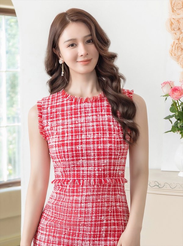 画像4: [送料無料][ERUKEI]レッド・タイト・ノースリーブ・ツイード・フリンジ・ミディアムドレス・ワンピース[即日発送][大きいサイズあり] (4)