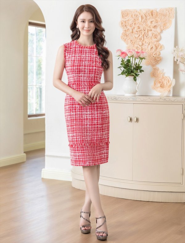 画像5: [送料無料][ERUKEI]レッド・タイト・ノースリーブ・ツイード・フリンジ・ミディアムドレス・ワンピース[即日発送][大きいサイズあり] (5)