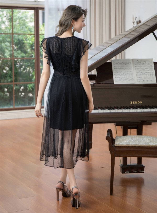 画像3: [送料無料][ERUKEI]ブラック・総レース・シアー・フリルスリーブ・インナータイトミニ・Aライン・ミディアムドレス・ワンピース[即日発送][大きいサイズあり] (3)