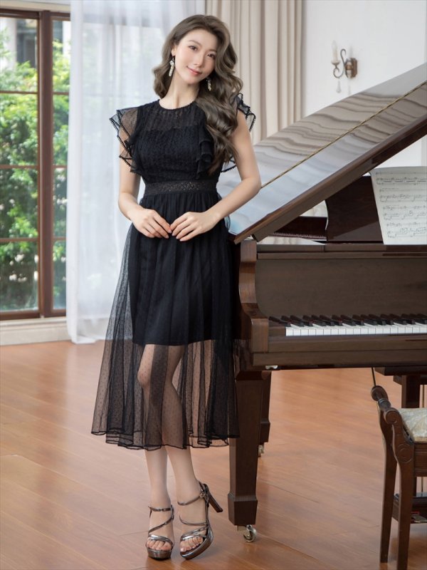 画像5: [送料無料][ERUKEI]ブラック・総レース・シアー・フリルスリーブ・インナータイトミニ・Aライン・ミディアムドレス・ワンピース[即日発送][大きいサイズあり] (5)