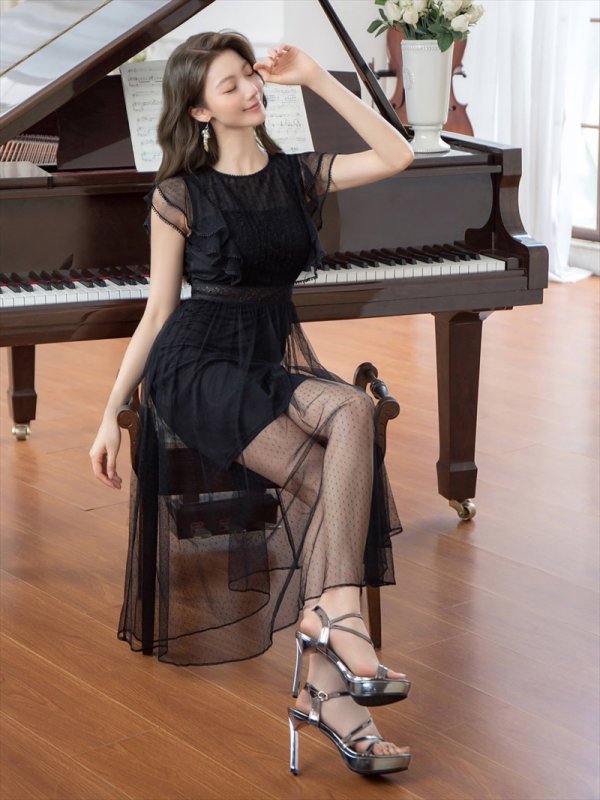 画像6: [送料無料][ERUKEI]ブラック・総レース・シアー・フリルスリーブ・インナータイトミニ・Aライン・ミディアムドレス・ワンピース[即日発送][大きいサイズあり] (6)