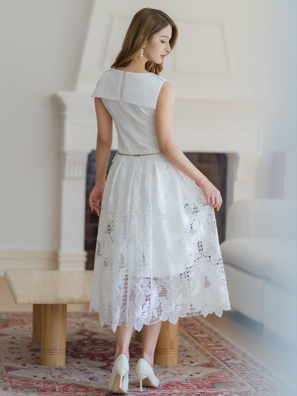 画像3: [送料無料][ERUKEI]ホワイト・Vネック・レース・ドレス・Aライン・ノースリーブ・2way・シンプル・ミディアムドレス・ワンピース[即日発送][大きいサイズあり] (3)