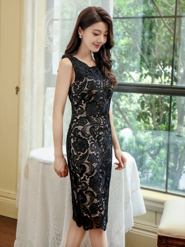 画像2: [送料無料][ERUKEI]ブラック・イエロー・総レース・エレガント・ショート丈・ノースリーブ・タイト・ミディアムドレス・ワンピース[即日発送][大きいサイズあり] (2)