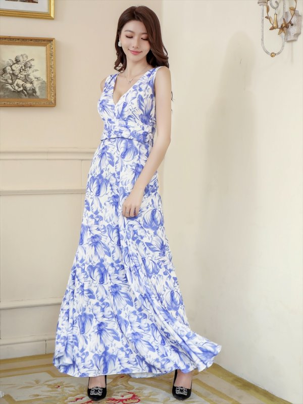 画像8: [送料無料][ERUKEI]イエロー・ブルー・花柄プリント・ハイウエスト・Vネック・ノースリーブ・マキシ・ロングドレス・Aライン・ワンピース[即日発送][大きいサイズあり] (8)