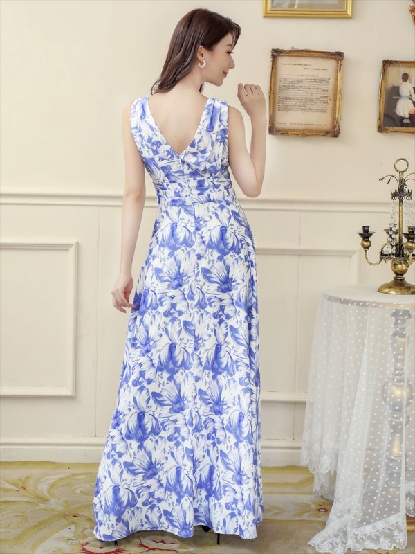 画像9: [送料無料][ERUKEI]イエロー・ブルー・花柄プリント・ハイウエスト・Vネック・ノースリーブ・マキシ・ロングドレス・Aライン・ワンピース[即日発送][大きいサイズあり] (9)