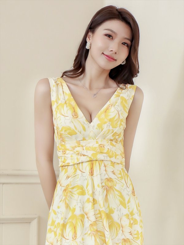 画像4: [送料無料][ERUKEI]イエロー・ブルー・花柄プリント・ハイウエスト・Vネック・ノースリーブ・マキシ・ロングドレス・Aライン・ワンピース[即日発送][大きいサイズあり] (4)