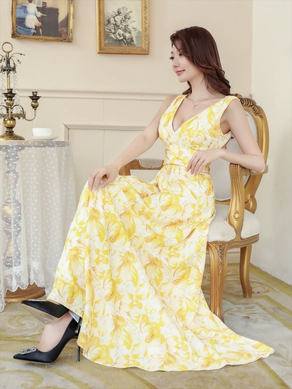 画像5: [送料無料][ERUKEI]イエロー・ブルー・花柄プリント・ハイウエスト・Vネック・ノースリーブ・マキシ・ロングドレス・Aライン・ワンピース[即日発送][大きいサイズあり] (5)