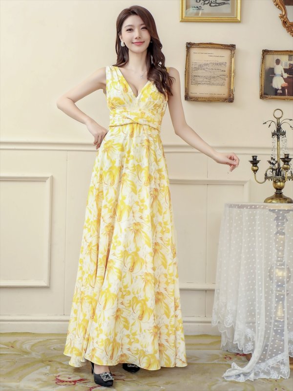 画像6: [送料無料][ERUKEI]イエロー・ブルー・花柄プリント・ハイウエスト・Vネック・ノースリーブ・マキシ・ロングドレス・Aライン・ワンピース[即日発送][大きいサイズあり] (6)