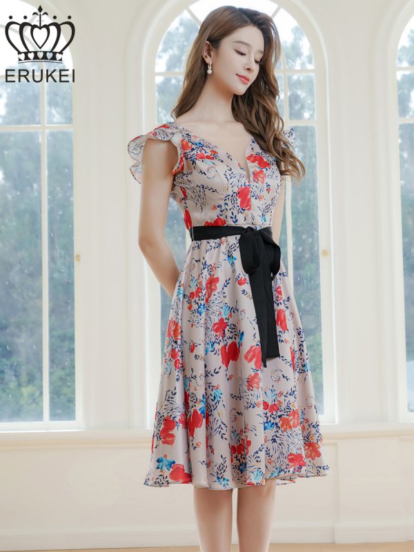 画像2: [送料無料][ERUKEI]レッド・イエロー・花柄・プリント・サテン・フリルスリーブ・Aライン・リボンベルト・ミニドレ・ワンピース[即日発送][大きいサイズあり] (2)