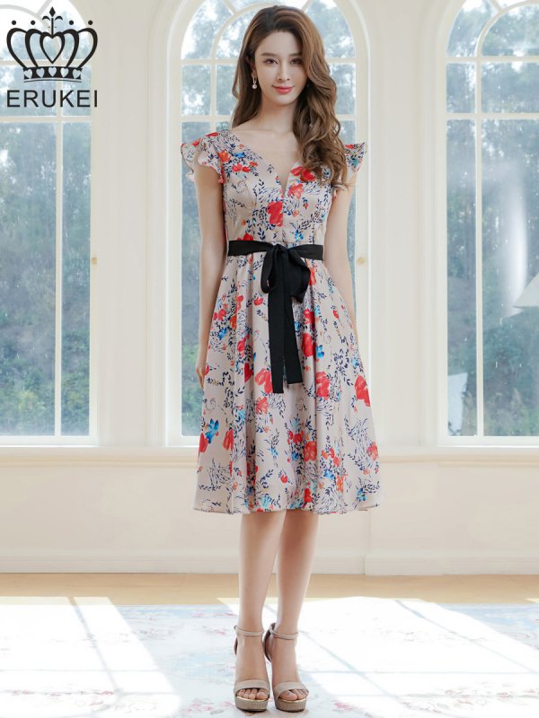 画像6: [送料無料][ERUKEI]レッド・イエロー・花柄・プリント・サテン・フリルスリーブ・Aライン・リボンベルト・ミニドレ・ワンピース[即日発送][大きいサイズあり] (6)