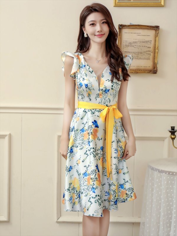 画像8: [送料無料][ERUKEI]レッド・イエロー・花柄・プリント・サテン・フリルスリーブ・Aライン・リボンベルト・ミニドレ・ワンピース[即日発送][大きいサイズあり] (8)