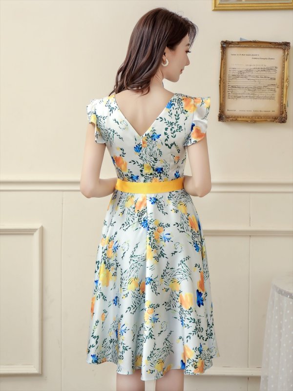 画像9: [送料無料][ERUKEI]レッド・イエロー・花柄・プリント・サテン・フリルスリーブ・Aライン・リボンベルト・ミニドレ・ワンピース[即日発送][大きいサイズあり] (9)