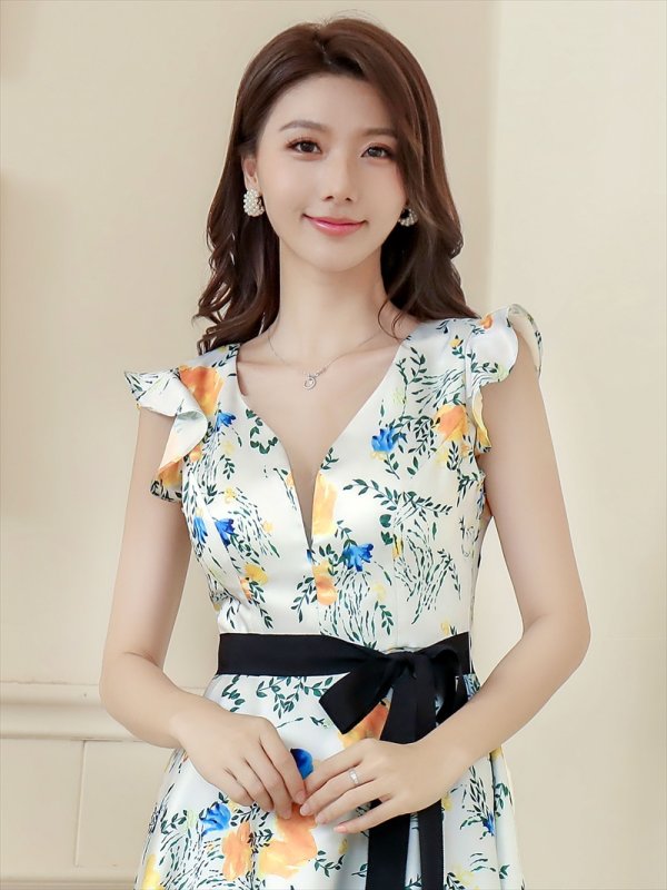 画像10: [送料無料][ERUKEI]レッド・イエロー・花柄・プリント・サテン・フリルスリーブ・Aライン・リボンベルト・ミニドレ・ワンピース[即日発送][大きいサイズあり] (10)