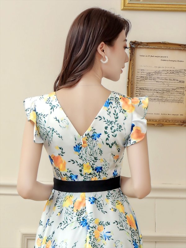 画像11: [送料無料][ERUKEI]レッド・イエロー・花柄・プリント・サテン・フリルスリーブ・Aライン・リボンベルト・ミニドレ・ワンピース[即日発送][大きいサイズあり] (11)