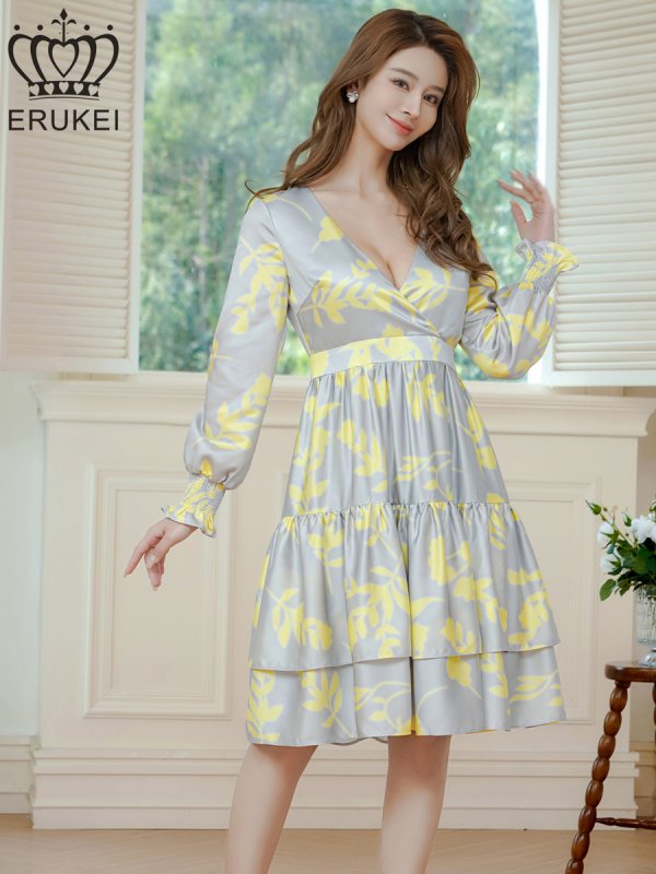 画像2: [送料無料][ERUKEI]グレー×イエロー・ペイント柄・花柄・サテン・Vネック・長袖・ティアード・Aライン・膝丈・ミディアムドレス・ワンピース[即日発送][大きいサイズあり] (2)