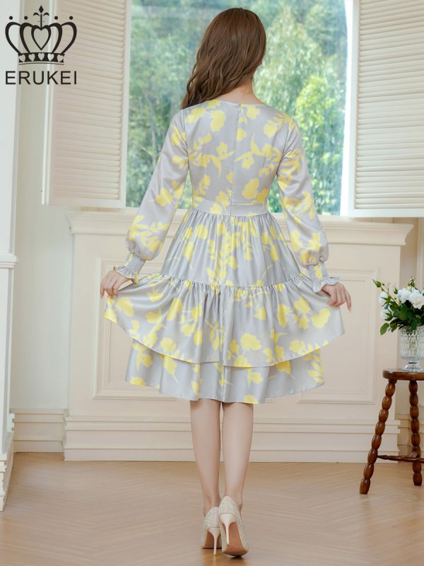 画像3: [送料無料][ERUKEI]グレー×イエロー・ペイント柄・花柄・サテン・Vネック・長袖・ティアード・Aライン・膝丈・ミディアムドレス・ワンピース[即日発送][大きいサイズあり] (3)