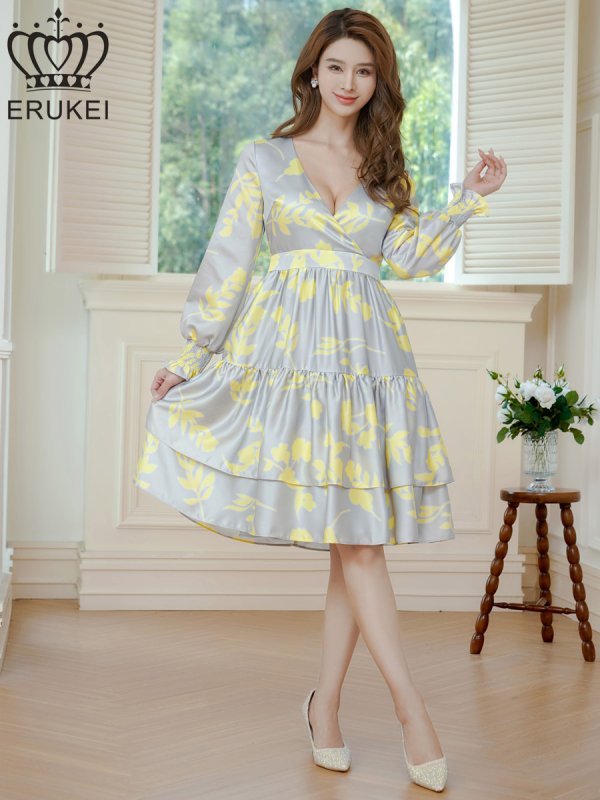 画像5: [送料無料][ERUKEI]グレー×イエロー・ペイント柄・花柄・サテン・Vネック・長袖・ティアード・Aライン・膝丈・ミディアムドレス・ワンピース[即日発送][大きいサイズあり] (5)